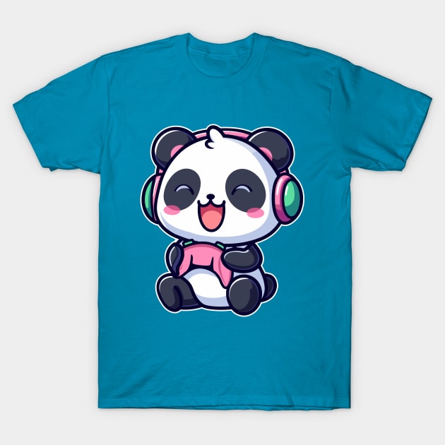 Kawaii Panda Playing Video Game Cute Gamer T-Shirt by Cuteness Klub